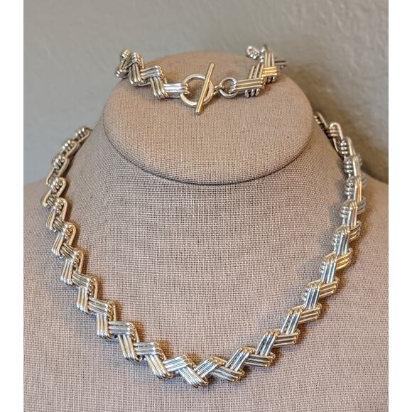 Vintage Mexico Modernist 925Sterling Silver Solid Zig Zag Necklace Bracelet Set - Picture 1 of 11